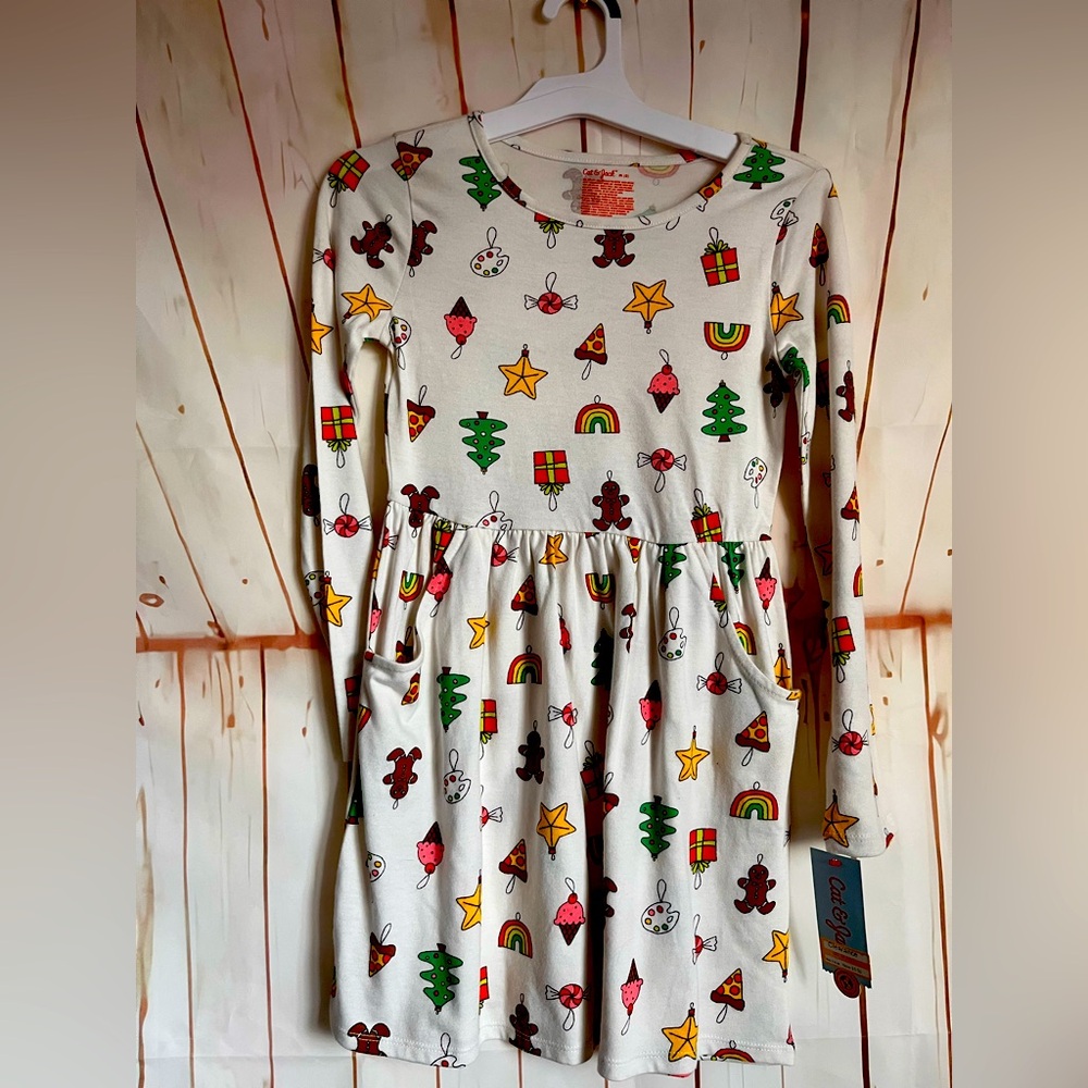 Cat and Jack Long Sleeve Dress with Holiday Print